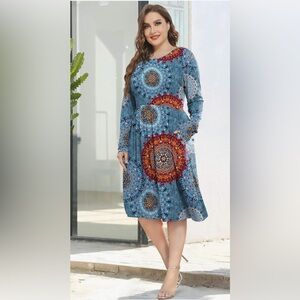 NWT- XL Long Sleeves Crew Neck Casual Dresses Empire Waist Loose Flowy Dress